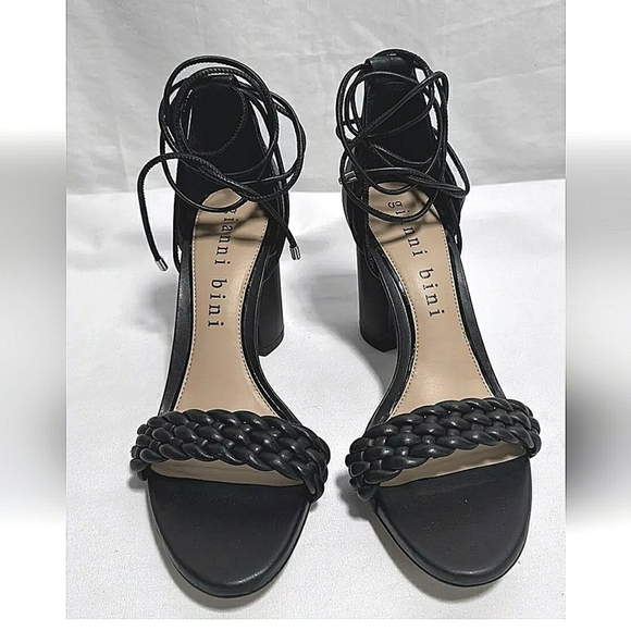 G B Holiday Size 10 Black Leather Strappy Modern Block Heel Cocktail Sandals - Picture 2 of 6